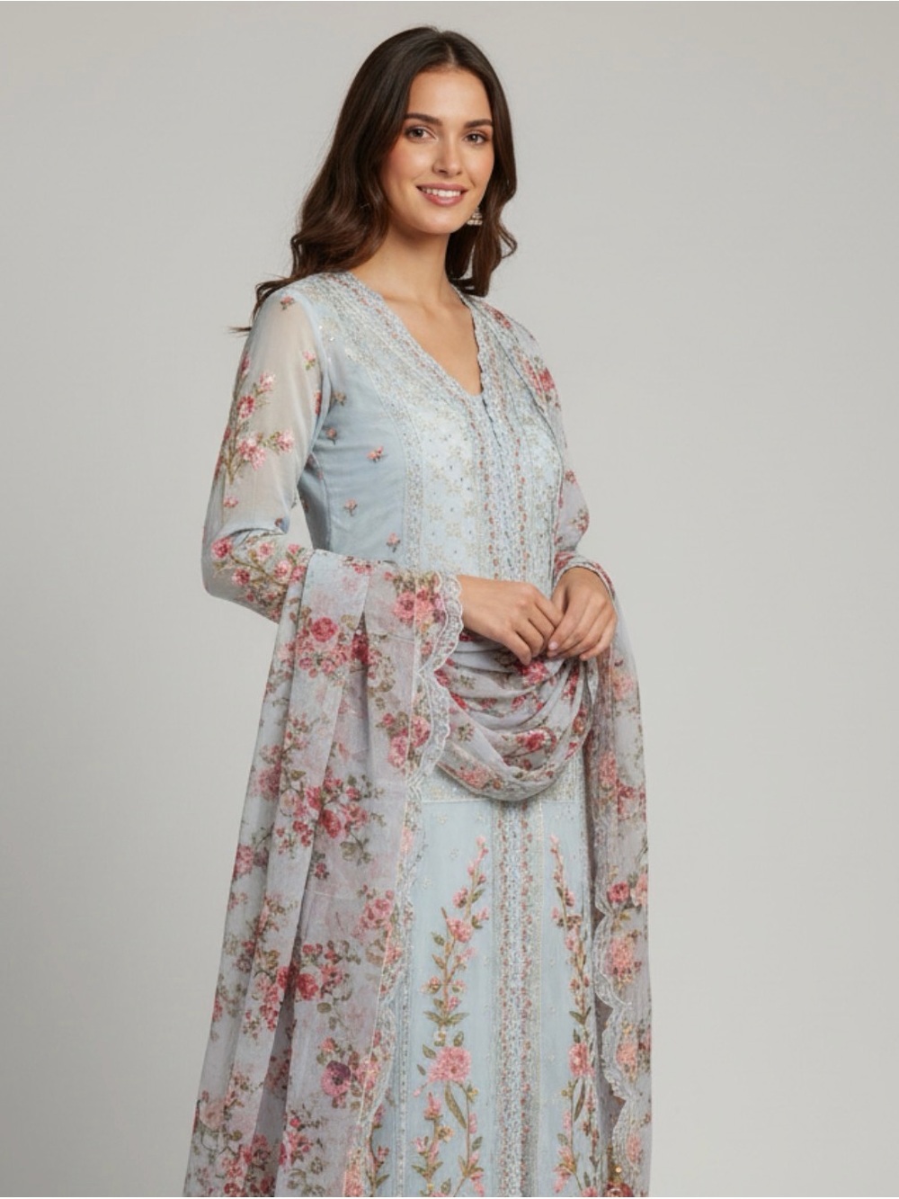 Elegant Light Blue Floral Embroidered Women's Indian 3piece set